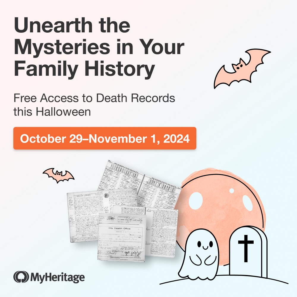 MyHeritage's tweet photo. ๐ป Free death records for Halloween! From Oct 29 - Nov 1, access death, burial, and obituary records on MyHeritage for free. What will you uncover? https://t.co/wDXmLhtM9T #FamilyHistory #FreeRecords #Halloween https://t.co/HQMEMztDe5
