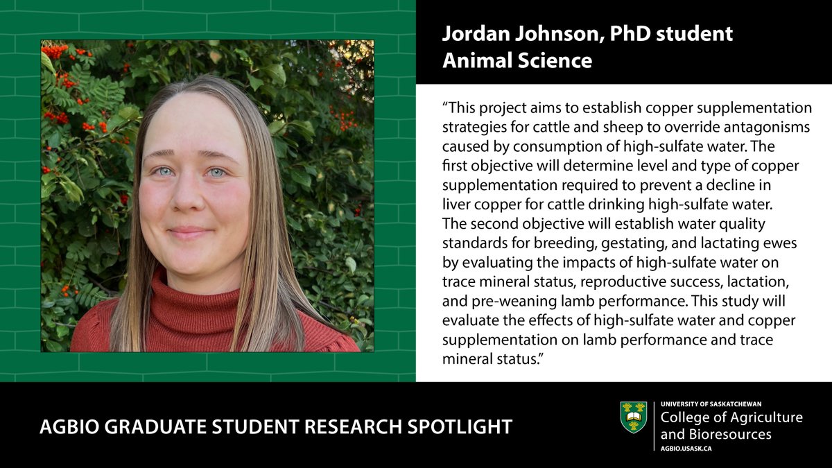 Meet #USask grad student Jordan Johnson! 

Jordan is supervised by Dr. Greg Penner and is a <a href="/NSERC_CRSNG/">NSERC / CRSNG</a> scholarship recipient!

Project: Addressing High-Sulfate Water for Cattle and Sheep
