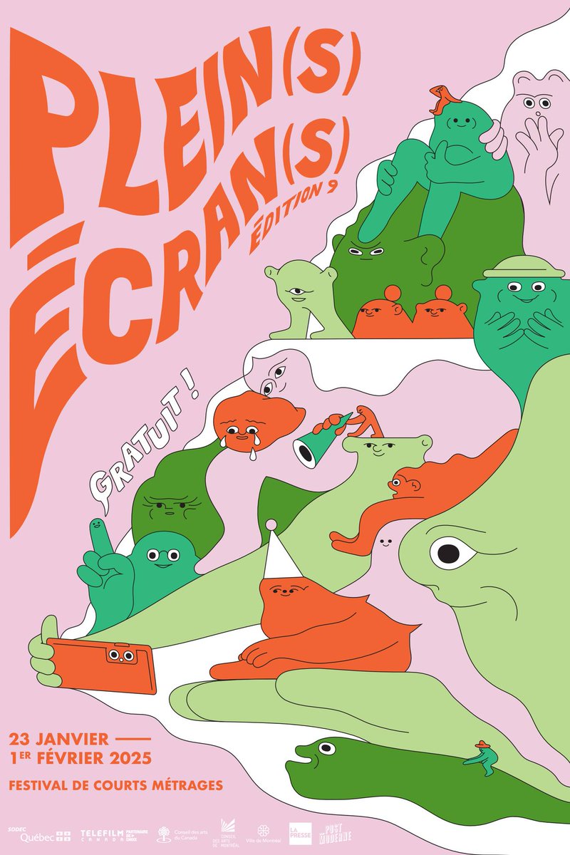 ⚡️ Plein(s) Écran(s) a dévoilé sa nouvelle identité visuelle, signée par l’artiste illustrateur Haute Vitesse (Gabriel Sabourin)!
 
🎬 À vos agendas : la 9e édition du festival se déroulera du 23 janvier au 1er février 2025!