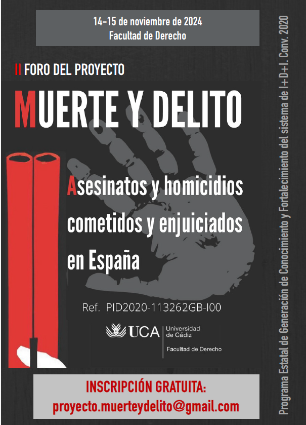 IAIC_Cadiz's tweet image. 🎉📅 ¡El 14 y 15 de noviembre se celebrará el II Foro del Proyecto Muerte y Delito! 🔍⚖️ Asesinatos y homicidios cometidos y enjuiciados en España, con la participación de numerosos investigadores del Instituto 🧑‍🔬👩‍🔬. ¡No os lo perdáis! 🙌✨ #ForoMuerteyDelito #Investigación