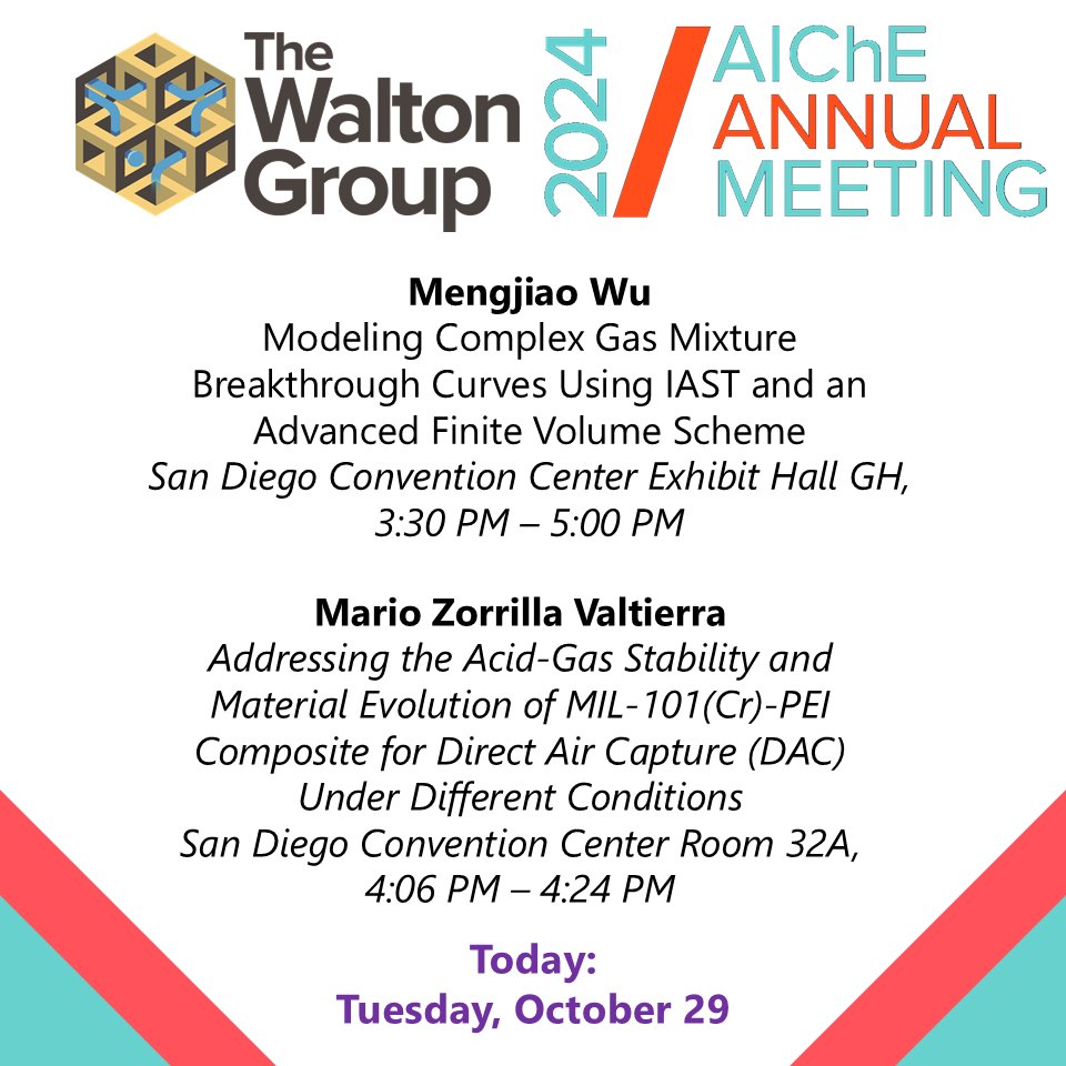 #AIChE2024 Day 3: Mengjiao Wu present her poster on simulating complex multicomponent gas mixtures breakthrough curves and Mario Valtierra present his talk on MIL-101(Cr)-PEI composite material evolution and stability in acid-gas conditions. Excited to see you all!#AIChEAnnual