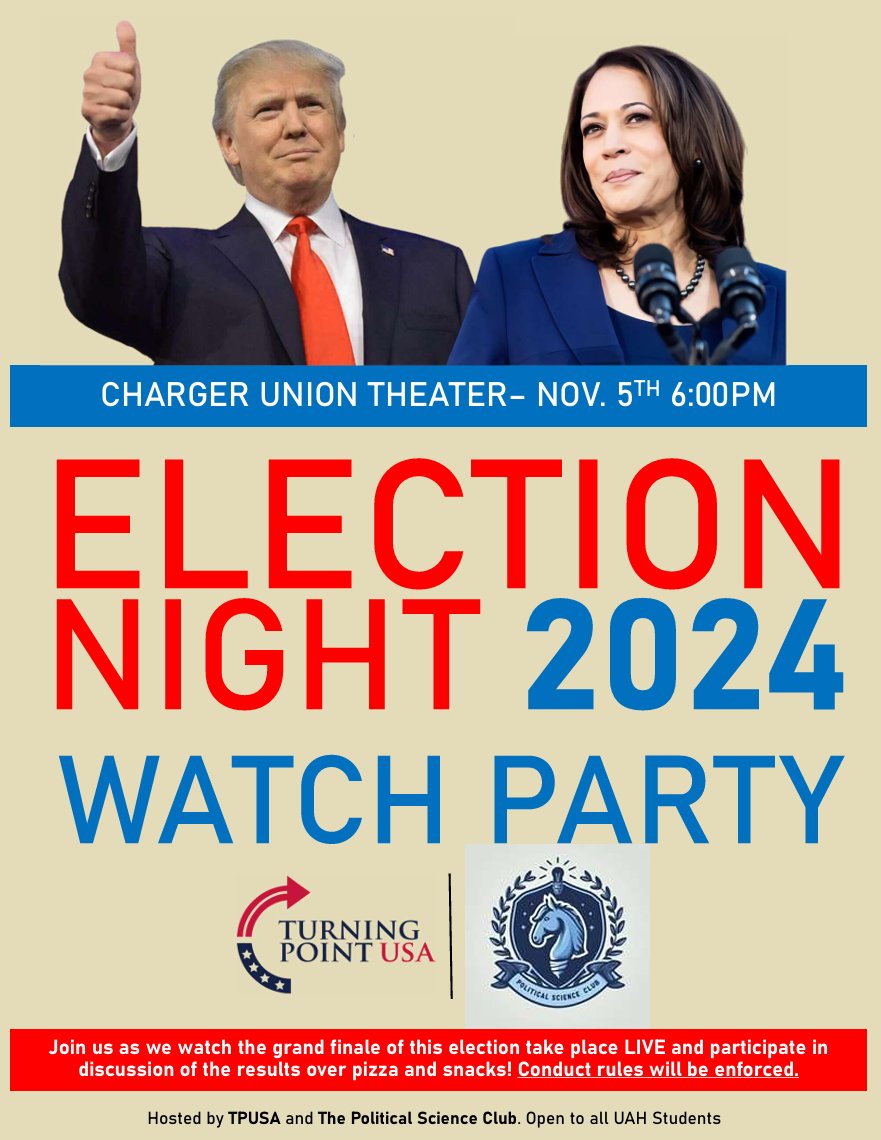uah_tpusa's tweet photo. Come see the grand finale of this presidential election season with The Political Science Club and TPUSA over pizza and snacks! 
Event hosted jointly by TPUSA and The Political Science Club. Open to all UAH students. @UAHuntsville #trump #harris #tpusa https://t.co/weV9xTWUre
