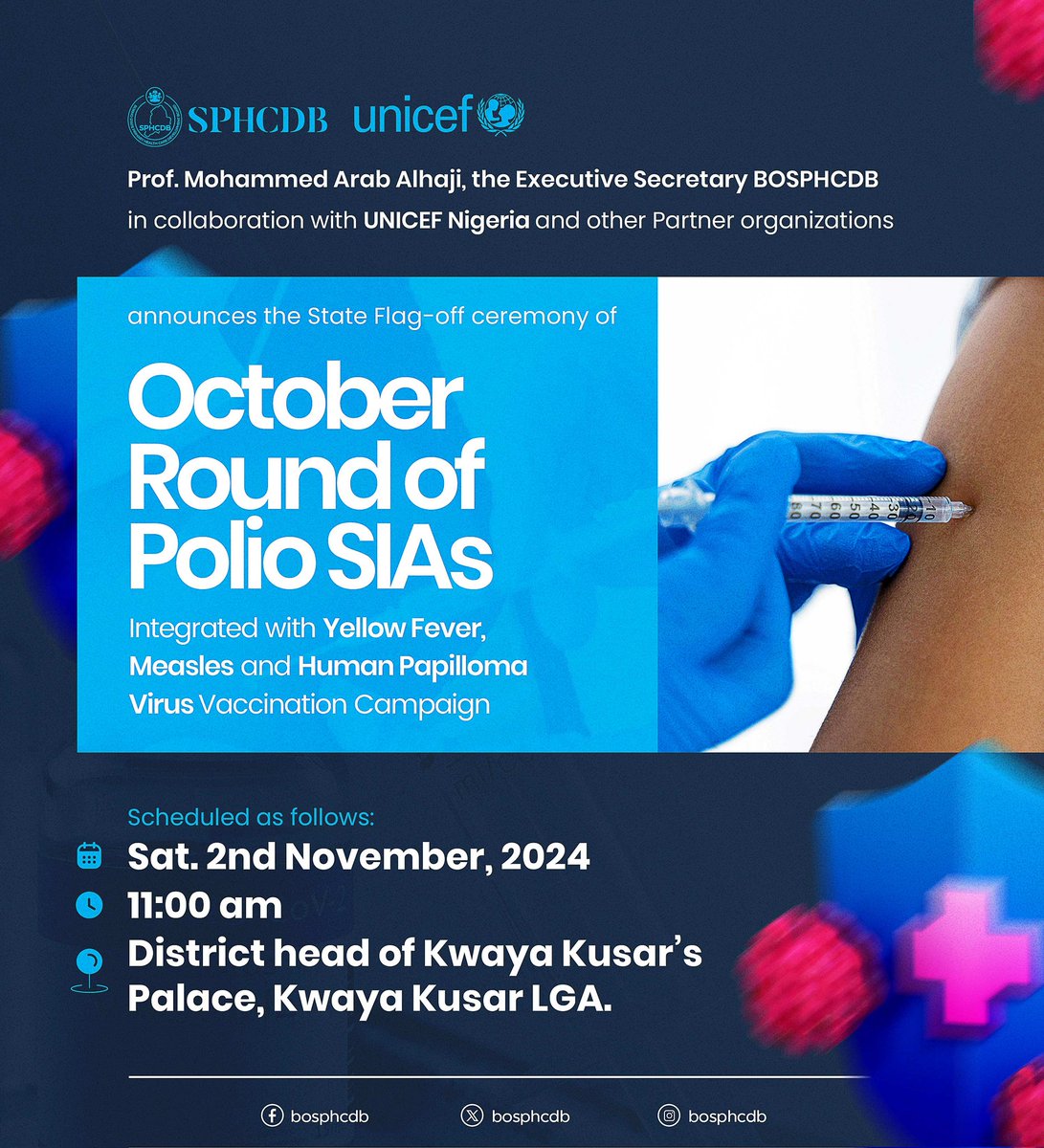 JacobShamata's tweet photo. Prof. Mohammed Arab Alhaji on behalf of The Governor of Borno State, Prof. Babagana Umara Zulum in collaboration with UNICEF Nigeria and other partners invites the general public on the October round of polio SIAs. 
#unicef
#unicefnigeria
#UNICEFFOREVERYCHILD
#sphcdb
#bosphcdb https://t.co/Ie2BHDX4ts