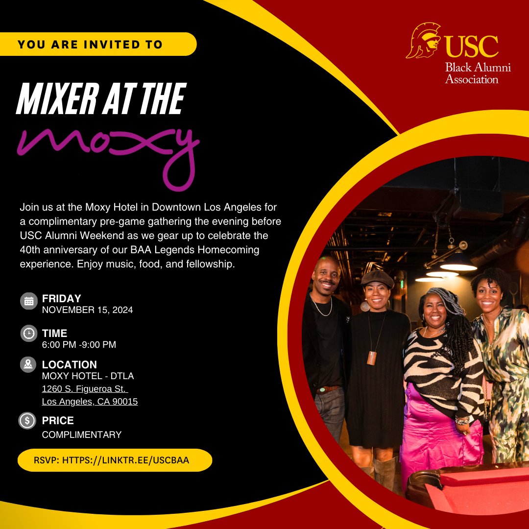 Kick off Alumni Weekend with #USCBAA and Trojans at the Moxy DTLA, Friday, Novemeber 15, 2024, 6pm - 9pm. Enjoy light bites, drinks, and amazing company!  Tag a friend and let’s make this mixer one for the books! RSVP linktr.ee/uscbaa #USCBAA #FightOn #USCAlumni