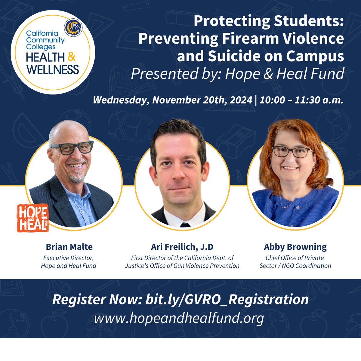 ccchealthwell's tweet photo. Join us on Nov 20, 2024, at 10 AM -11:30 AM for a vital webinar on preventing firearm violence and suicide among college students. Learn effective interventions &amp; how legal protection orders can help. @californiacommunitycolleges

Register now: https://t.co/RYQBbum8yo https://t.co/1lhlM60xHw