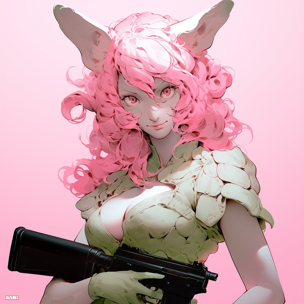 dammit_png's tweet image. Pink hair, sharp gaze, and packing heat. 🌸🔫
#AIArt #ArtandTech #FutureOfArt #ArtInnovation #AlgorithmicArt