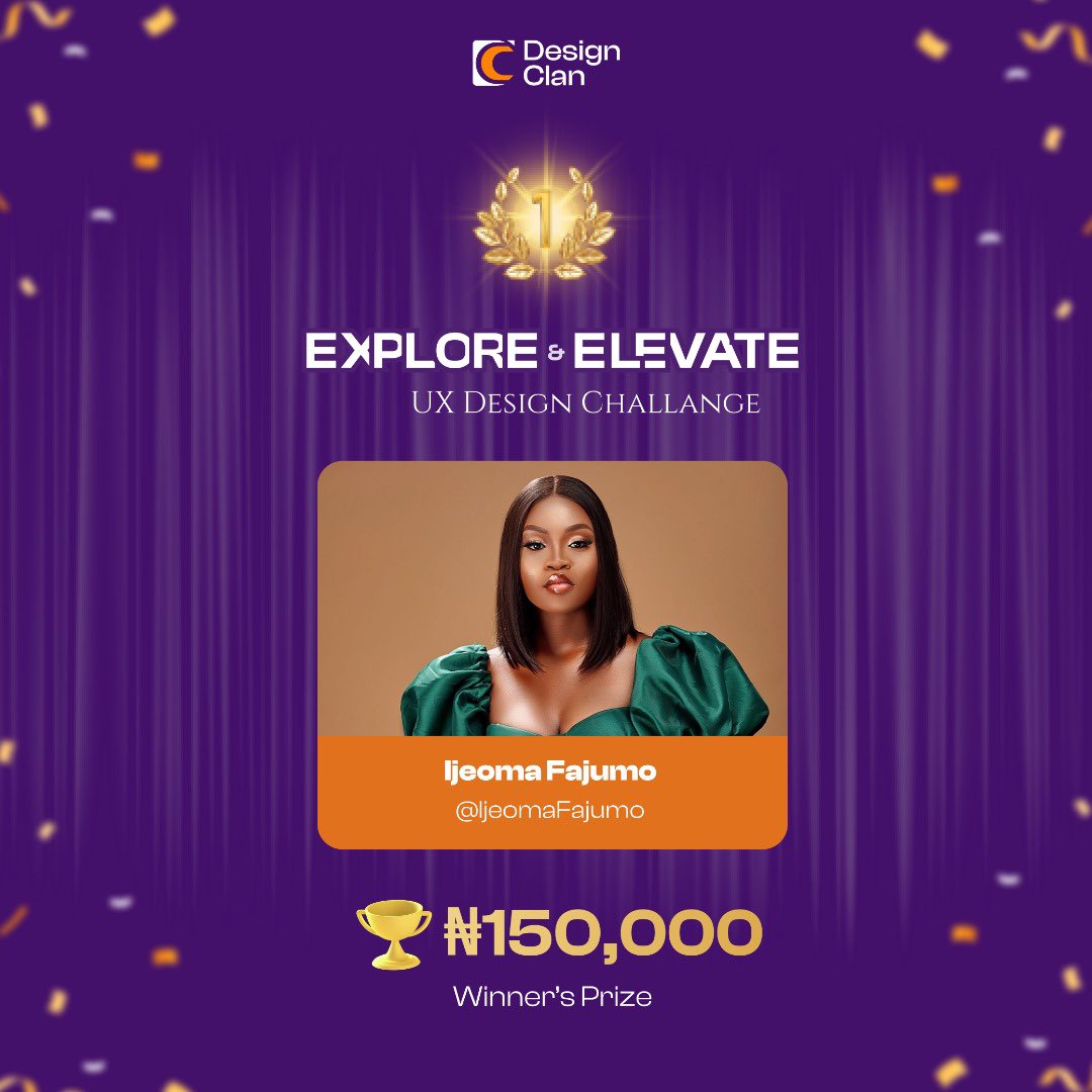 designclan__'s tweet photo. 👏 Massive congratulations to our 1st place winner!

A huge shoutout to Ijeoma Fajumo [@IjeomaFajumo] for claiming the top spot in the Explore &amp; Elevate ux design challenge! 🏆

Your design truly set a new standard for creativity and user experience. 🎉 

#DesignClan https://t.co/yHTXnprx2j
