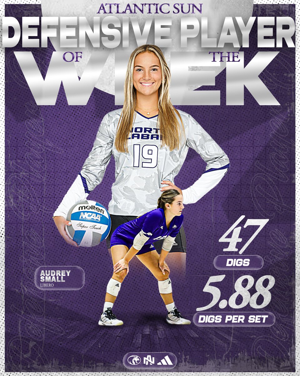 North Alabama Volleyball (@una_volleyball) on Twitter photo Audrey Small came up BIG this past weekend! 🙌
The freshman's performances, including a career-high performance against Queens, leads to her first <a href="/ASUNSports/">Atlantic Sun Conference</a> Defensive Player of the Week honor! 🫡
#RoarLions🦁 Audrey Small came up BIG this past weekend! 🙌
The freshman's performances, including a career-high performance against Queens, leads to her first <a href="/ASUNSports/">Atlantic Sun Conference</a> Defensive Player of the Week honor! 🫡
#RoarLions🦁
