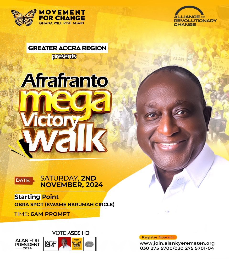 AlanKyerematen's tweet photo. 🚨 Greater Accra, this is OUR moment! 🚨 

Join me on Saturday, 2nd November for the Afrafranto Mega Victory Walk! Starting at Obra Spot, Kwame Nkrumah Circle, at 6 AM, let’s come together in massive numbers to show our unstoppable drive for change. This is more than a walk—it's a powerful movement, a statement of hope, unity, and the Ghana we believe in. 

Let’s make history and send a clear message: Ghana will rise again! Don’t miss it! 🇬🇭✨

#AfrafantoVictoryWalk
#AlanCash