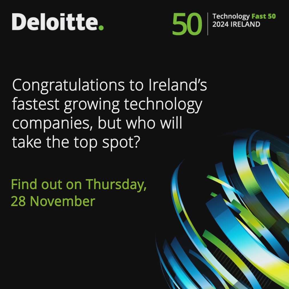 📢 Congrats to Ireland's fastest-growing tech companies! 🎉 

See who made the #DeloitteFast50 list &amp; join us in celebrating their success at the awards ceremony in November, where we'll reveal the ultimate winner! 🏆 deloi.tt/3BYfsZj 

#DeloitteIreland #Technology