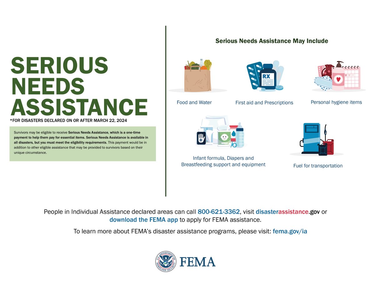 What you need to know about Serious Needs Assistance:

🔹 An upfront, flexible payment for essential items &amp; disaster-related needs.
🔹 NOT a form of reimbursement for loss of power or replacing food.
🔹 One of many types of assistance we provide.

Info: fema.gov/node/rumor-ser…