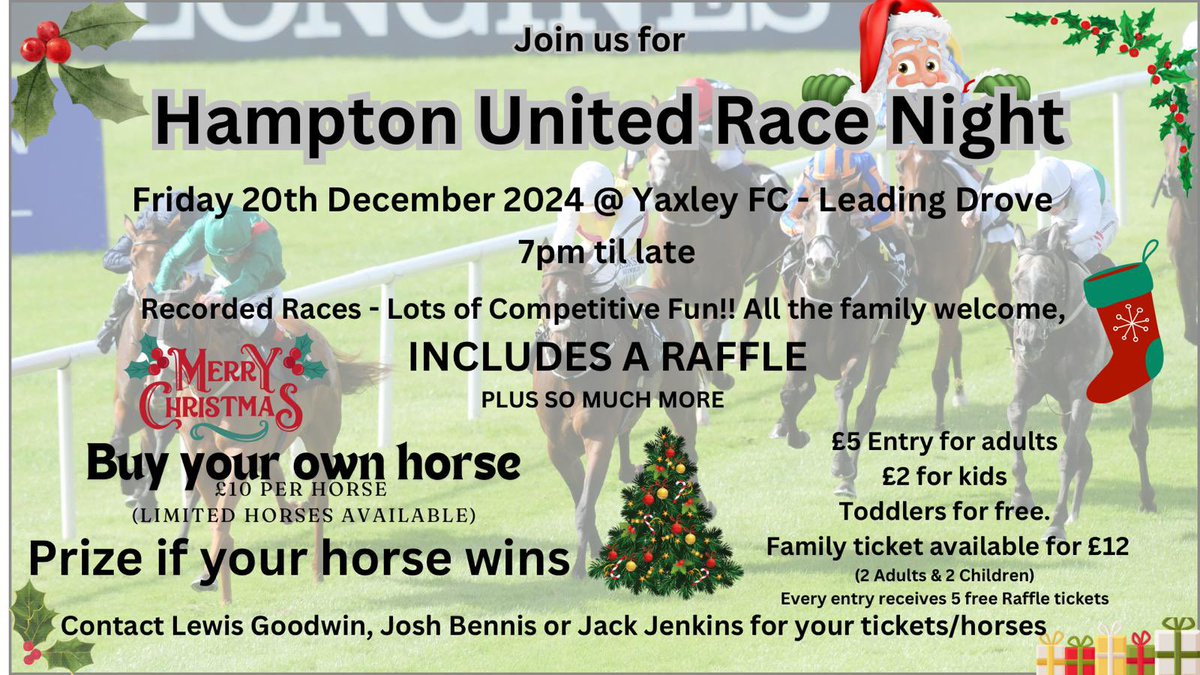 Christmas is closing in - but so is our HUFC Race Night! 🐎

Our raffle is starting to fill up with some great prizes and our race night is ready to go! 

Drop us a message on here for information about tickets and/or buying your own horse for the night. 

🦢🦢🦢