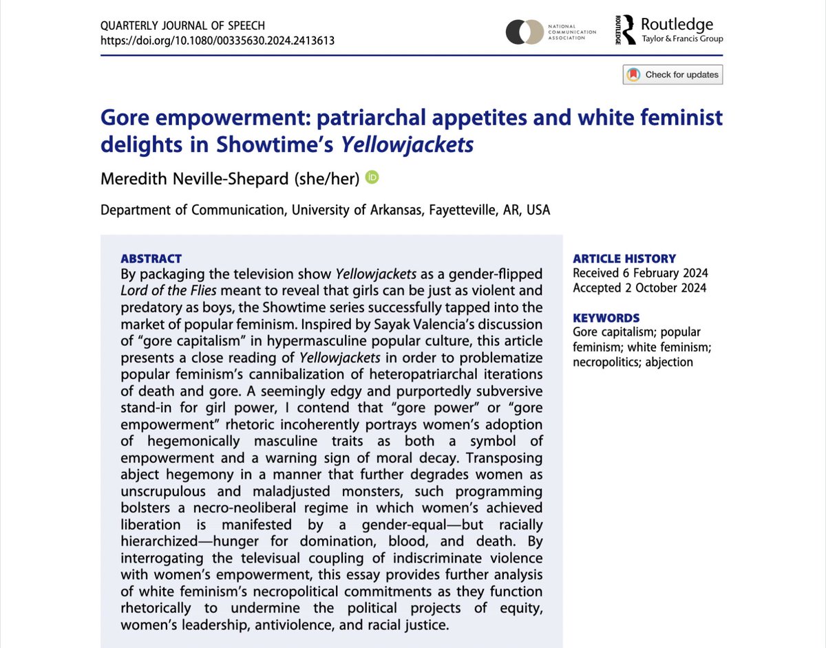 Why watch a scary movie this week when you could read my latest in QJS about Gore Empowerment in the show Yellowjackets instead?! 
Thanks so much to the awesome Stacey Sowards for her amazing work as editor! <a href="/NatComm/">National Communication Association</a> #teamrhetoric doi.org/10.1080/003356…