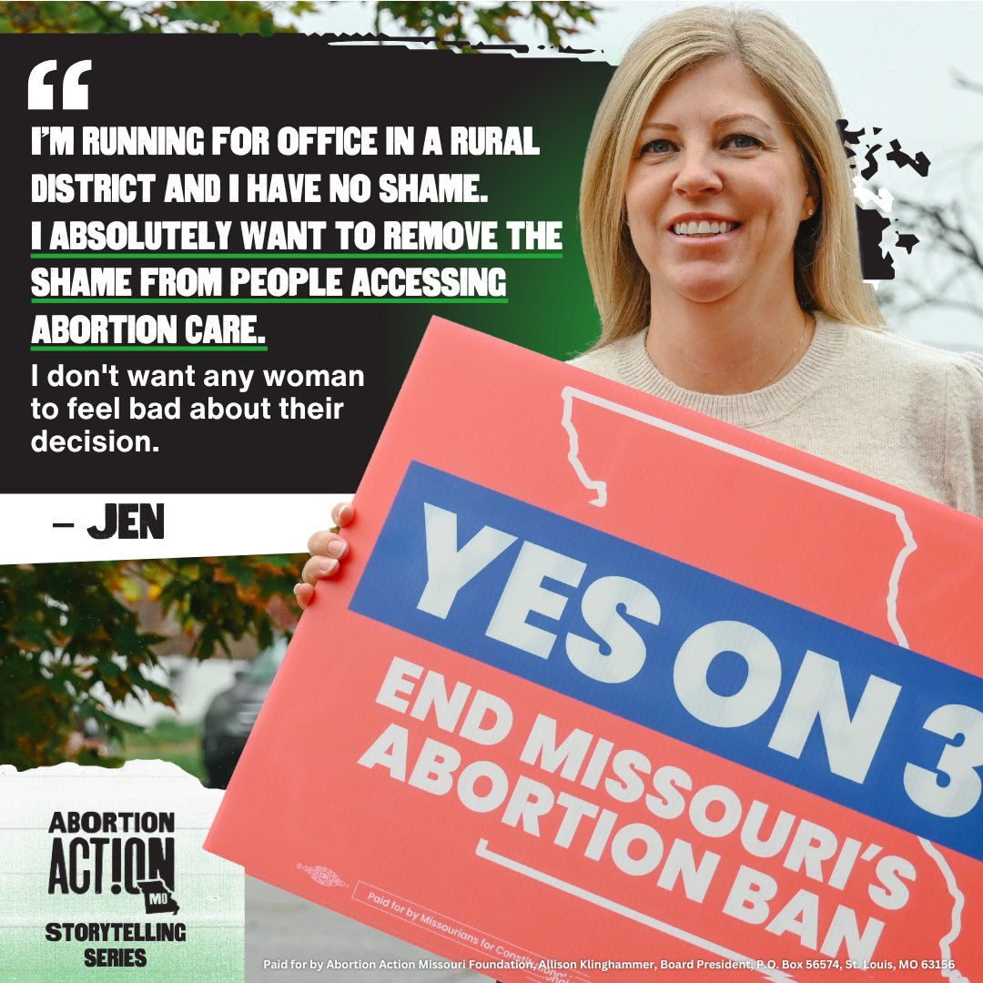 "You just have no idea what women have been through and what they've experienced in their lives or what their reasoning behind having abortion care. It's none of your business and it's not something that we should legislate.” – Jen, candidate for MO State House

#YesOn3