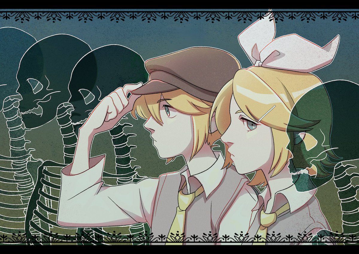 my piece for <a href="/reechoes_zine/">re//echøes: A Kagamine Fanzine</a> ! Skeleton Life 💀💛