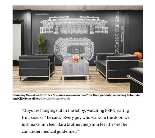 so <a href="/andreavbecker/">Andréa (Dre) Becker</a> and <a href="/miadegraaf/">Mia de Graaf</a> did this piece about the rise of men injecting testosterone (great story check it out) and i'm cracking up at this clinic offering a "manly" environment for their patients that includes...fruit snacks

businessinsider.com/young-men-test…