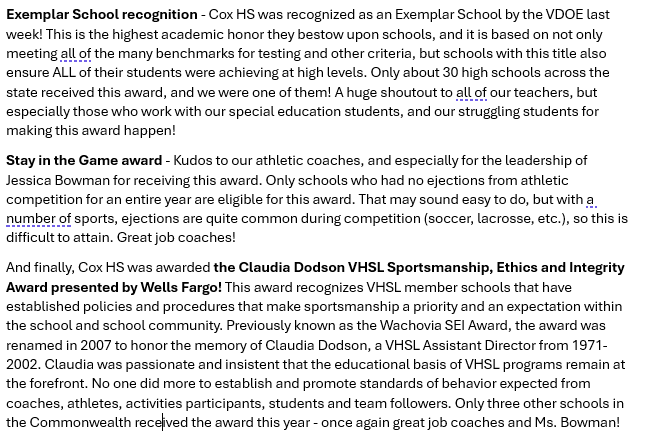 It is a great week to be a Falcon!  Cox HS received three significant awards within the last two days.  Our students, faculty and staff should be proud of these accomplishments - I know I am!
<a href="/FrankWCoxHS/">Frank W. Cox HS</a> <a href="/vbschools/">VBSchools</a>