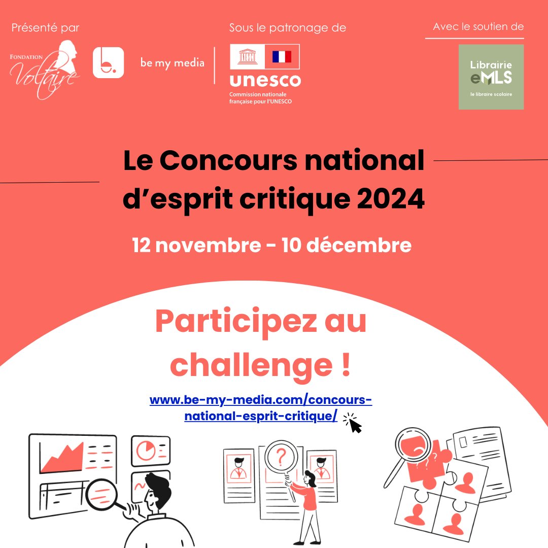 Librairie eMLS (@librairieemls) on Twitter photo 📲 #EspritCritique #EMI #Concours
C’est parti pour le Concours national d’esprit critique de la <a href="/Fondat_Voltaire/">Fondation Voltaire</a>, soutenu par <a href="/LibrairieeMLS/">Librairie eMLS</a> : un challenge de revue de presse stimulant pour vos élèves de 15 à 25 ans !
👉 S’inscrire et en savoir plus : cutt.ly/leFsMdRI 📲 #EspritCritique #EMI #Concours
C’est parti pour le Concours national d’esprit critique de la <a href="/Fondat_Voltaire/">Fondation Voltaire</a>, soutenu par <a href="/LibrairieeMLS/">Librairie eMLS</a> : un challenge de revue de presse stimulant pour vos élèves de 15 à 25 ans !
👉 S’inscrire et en savoir plus : cutt.ly/leFsMdRI