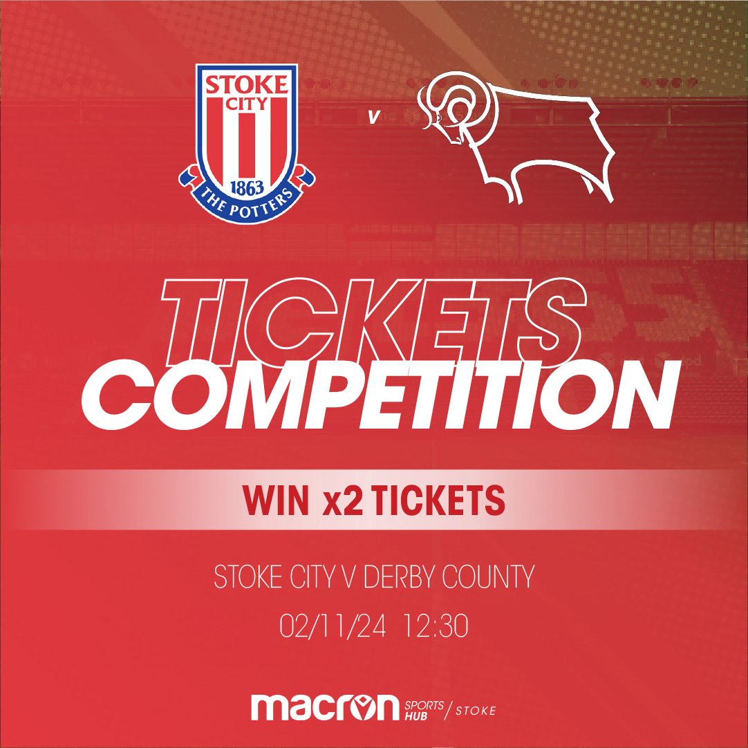 WIN x2 STAND TICKETS for Stoke City v Derby County! ⚽️

We're giving away x2 tickets for Saturday 2nd November at 12:30pm!

To enter:
- LIKE❤️
- FOLLOW
- REPOST
- TAG a friend in the comments!

The winner will be announced on Friday 1st at 12pm!

#StokeCity #DerbyCounty #Giveaway