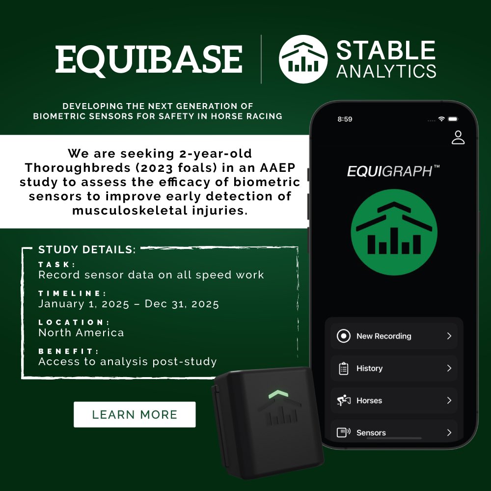 Equibase's tweet image. Calling all owners and trainers of 2-year-olds (foals of 2023)! 

Equibase has teamed with technology company Stable Analytics and will be conducting a free study throughout 2025 to improve safety in horse racing. Horses that participate will wear a small biometric sensor on the…