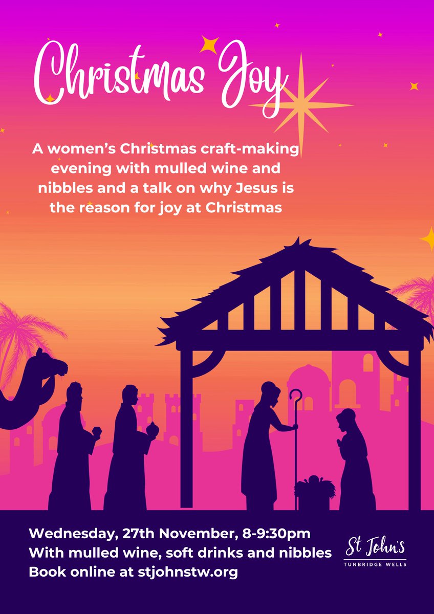 StJohnsTW's tweet photo. CHRISTMAS JOY
Wednesday 27th November, 8-9.30pm
A women's Christmas craft-making evening with mulled wine and nibbles and a talk on why Jesus is the reason for joy at Christmas.
Book online now: https://t.co/AbovpwRb5s
#TunbridgeWells https://t.co/lurKYZ5XdE