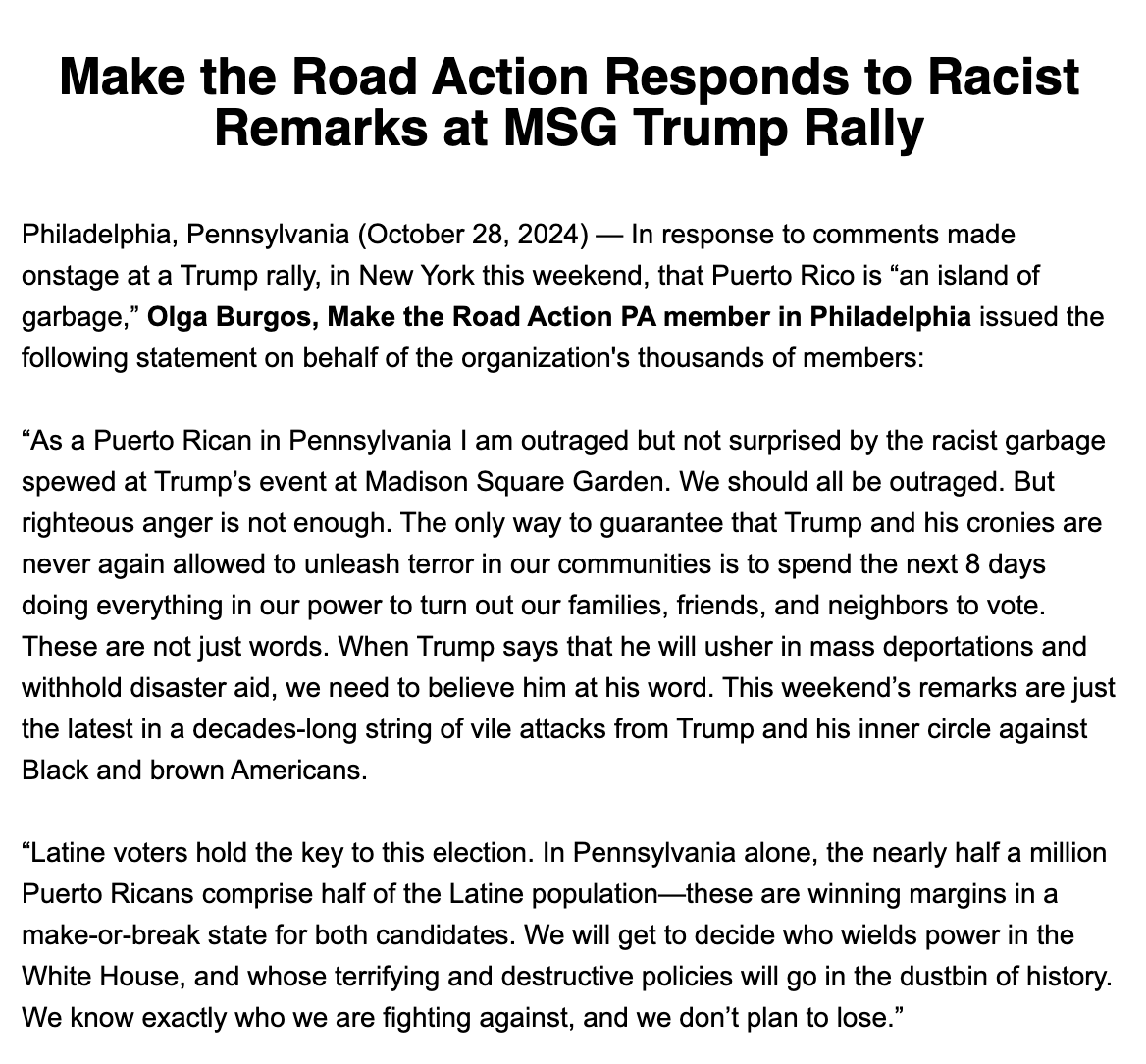 .<a href="/realDonaldTrump/">Donald J. Trump</a> and his allies continue to attack immigrants and people of color in racist and vile ways.   

We will continue to mobilize to the polls to reject this disgusting vision for our country.  

Read our statement in response to the racist remarks at MSG Trump rally.