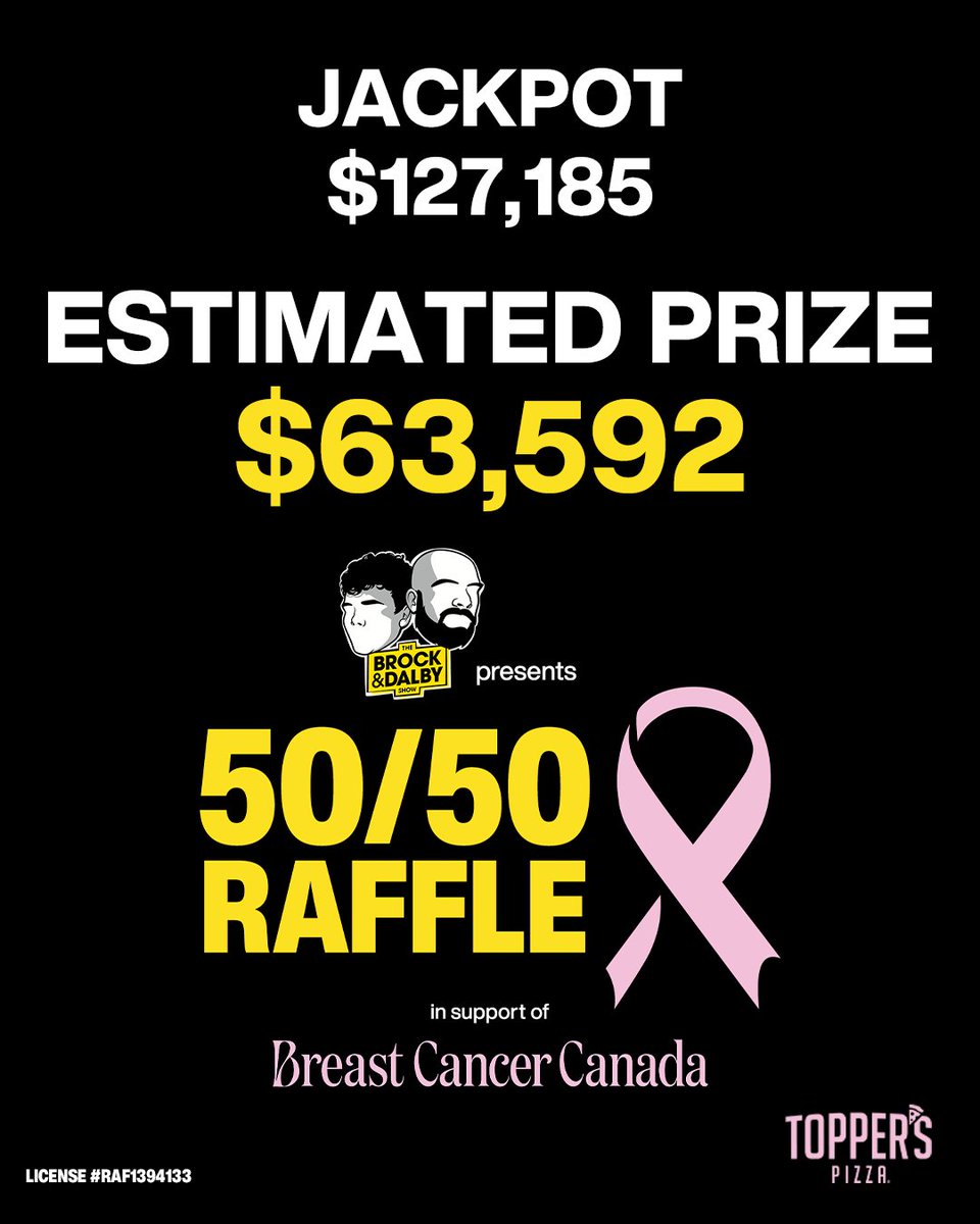 It's your LAST WEEK to purchase tickets for The Brock &amp; Dalby Show presents: 50/50 raffle in support of <a href="/breastcancercdn/">Breast Cancer Canada</a>

The jackpot has reached $127,185 - winner takes half!

Click to BUY: txgv.cc/t/CRDogl

Brought to you by <a href="/topperscanada/">Topper's Pizza Canada</a>