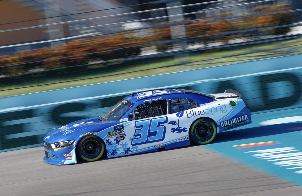 ArmaniWilliams_'s tweet photo. Solid weekend @NASCAR_Xfinity @HomesteadMiami Started P37, finish P35. Pit stops good and lap times improved. Thank you @BlueSprigAutism Can’t wait for 2025. Hero Cards: https://t.co/vUFtQSmrSZ #NASCARXfinity #BlueSprig #VisitMesa #JoeyGaseMotorsports #AutismAwareness https://t.co/TAIhcogUG3