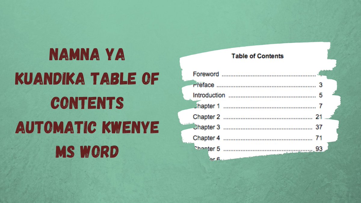 Avatar_tz's tweet photo. WEKA TABLE OF CONTENTS AUTOMATIC .

Juzi nilishuhudia dogo mmoja chuoni akilalamika kua kaishamaliza kuandika kazi yote ila anawaza kuanza kuandaa Table of contents. 

Ni simple sana kuandaa table of contents kwenye Ms Word. 

UZI 🧵 https://t.co/kgIsmbnHWy