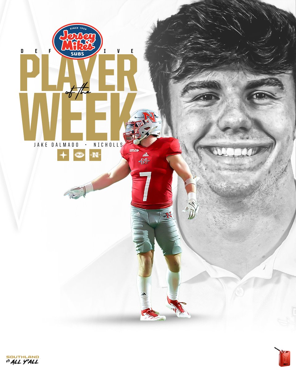 Southland Conference (@southlandsports) on Twitter photo DOMINANT AGAIN
After an FCS single-game high 4.0 sacks to go with 10 tackles, three QBH, and a safety, Nicholls LB Jake Dalmado repeats as the <a href="/jerseymikes/">Jersey Mike's Subs</a> Southland Defensive Player of the Week!
#GTL DOMINANT AGAIN
After an FCS single-game high 4.0 sacks to go with 10 tackles, three QBH, and a safety, Nicholls LB Jake Dalmado repeats as the <a href="/jerseymikes/">Jersey Mike's Subs</a> Southland Defensive Player of the Week!
#GTL
