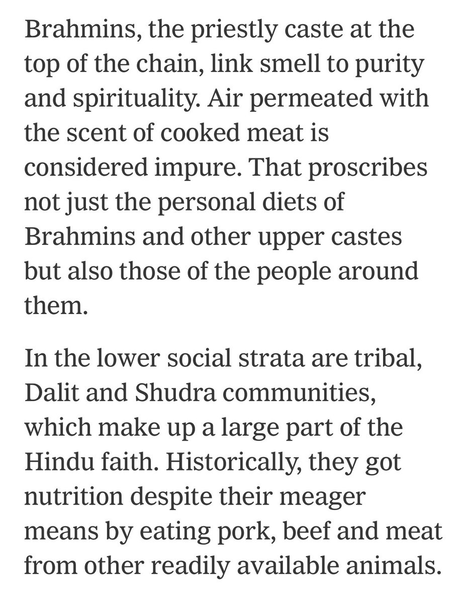 SuhagAShukla's tweet photo. The @nytimes racially profiling Hindus again?

So @CopiousNotes27, I have a few questions about your latest in @nytimes:

-if you’re doing a story about allegations of adulterated sacraments at a Hindu temple, why would you quote Shepherd, who literally wrote a book insulting Hindu rituals and beliefs?

-caste is linked to smell? Can you give me a single reference to “Brahmins” linking smell to purity? If Shepherd is your source, say so. Absolutely no multi-traditional ancient Hindu source has any code against “smells”.

-Chandrababu Naidu does not identify as “Brahmin” and nor does Reddy. Then why is your article focused on critiquing so-called “Brahmin” norms?

Pragati, Hindus are not a singular text-based religion. Hindu traditions are multiple indigenous, ancestral traditions with origins in the whole of South Asia. I’d ask you to do better than indulging in Racial/Religious/Tribal profiling of Hindus. We can help.