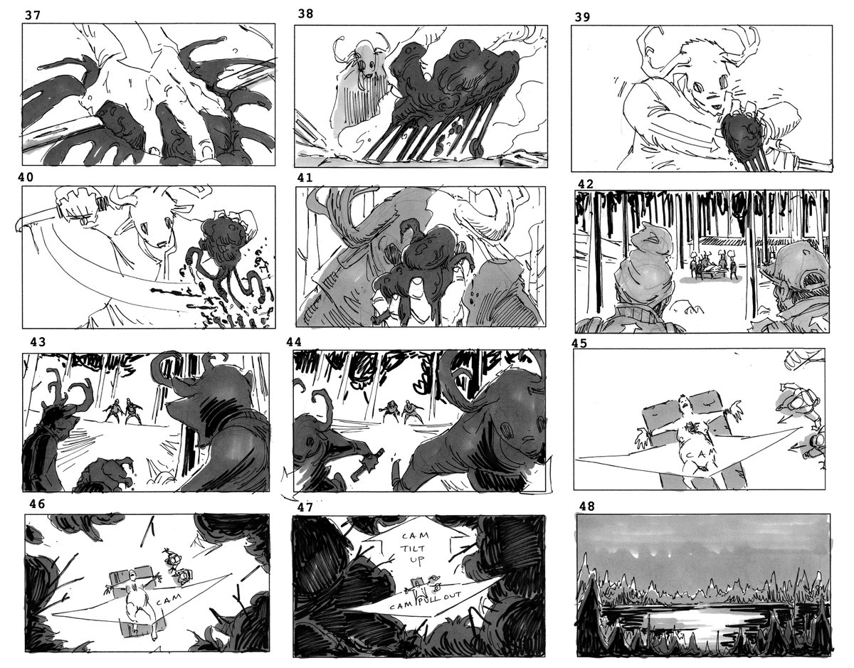To celebrate the first anniversary of Alan Wake 2, thought I'd share the full set of #storyboards for the opening scene for the first time. The first pass at this was truly gruesome thanks to the twisted vision of <a href="/AnssiMaatta/">Anssi Määttä</a> . #AlanWake2 #alanwake #horror
