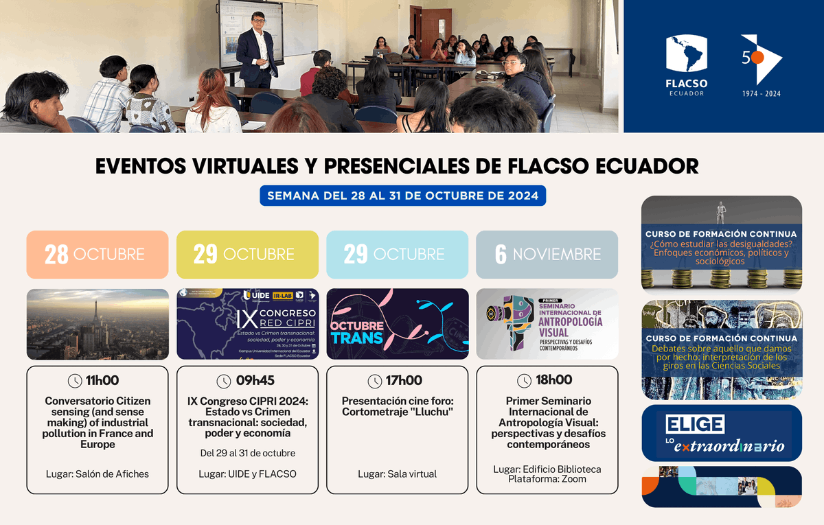 FLACSOec's tweet photo. 🗓🤓 Esta semana en FLACSO Ecuador te invitamos a una variedad de eventos virtuales y presenciales que no te puedes perder.
Más información »» https://t.co/LhMumBzs3S
#FLACSOEcuador #EventosFLACSO #ComunidadFLACSO #EligeloExtraordinario #ADNFLACSO https://t.co/mXVbCEgC9k