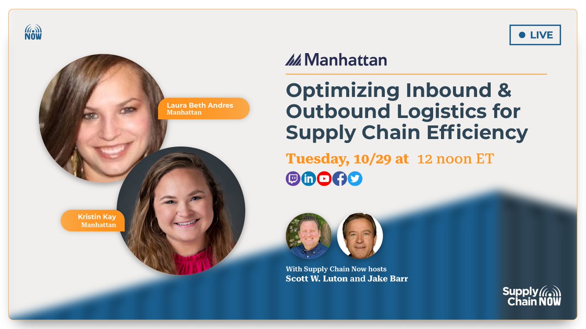 _supplychainnow's tweet image. Learn how to optimize your #transportationplanning TOMORROW! Join @ScottWLuton &amp;amp; Jake Barr with experts Kristin Kay &amp;amp; Laura Beth Andres from @ManhAssocNews to explore innovative strategies for inbound &amp;amp; outbound logistics. Get actionable insights to #streamlineoperations and…