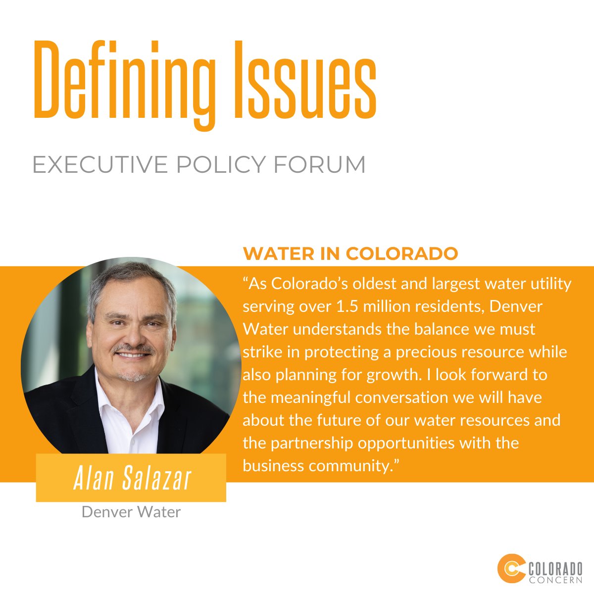 Colorado Concern (@coloconcern) on Twitter photo As our communities grow and develop, water remains a pivotal element in planning and development. How can we prepare? What’s being done currently to assess water usage? Join us Oct. 31 hear from Alan Salazar with <a href="/DenverWater/">Denver Water</a> at our Defining Issues Forum. #ColoBusiness As our communities grow and develop, water remains a pivotal element in planning and development. How can we prepare? What’s being done currently to assess water usage? Join us Oct. 31 hear from Alan Salazar with <a href="/DenverWater/">Denver Water</a> at our Defining Issues Forum. #ColoBusiness