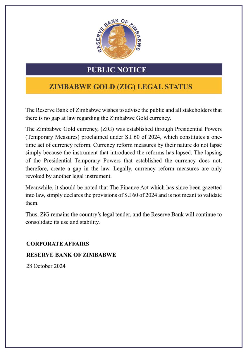 Public Notice - Zimbabwe Gold (ZiG) Legal Status
