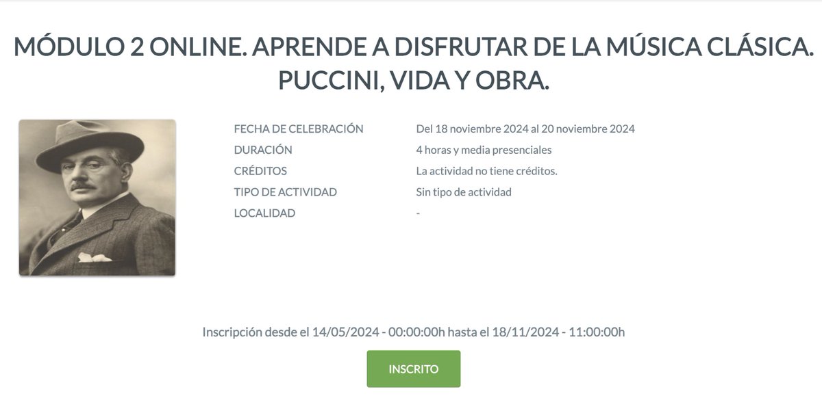 MarikoFlamenco's tweet photo. Me acabo de inscribir en el curso "Puccini, vida y obra" que dará Faustino Núñez en la Universidad de Cádiz los días 18, 19 y 20 de noviembre. 

Será una oportunidad estupenda para aprender más sobre Puccini en el centenario de su muerte, y la verdad, me hace muchísima ilusión. https://t.co/e04GpJi5Tm