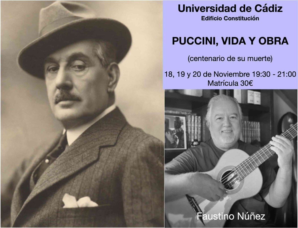 MarikoFlamenco's tweet photo. Me acabo de inscribir en el curso "Puccini, vida y obra" que dará Faustino Núñez en la Universidad de Cádiz los días 18, 19 y 20 de noviembre. 

Será una oportunidad estupenda para aprender más sobre Puccini en el centenario de su muerte, y la verdad, me hace muchísima ilusión. https://t.co/e04GpJi5Tm