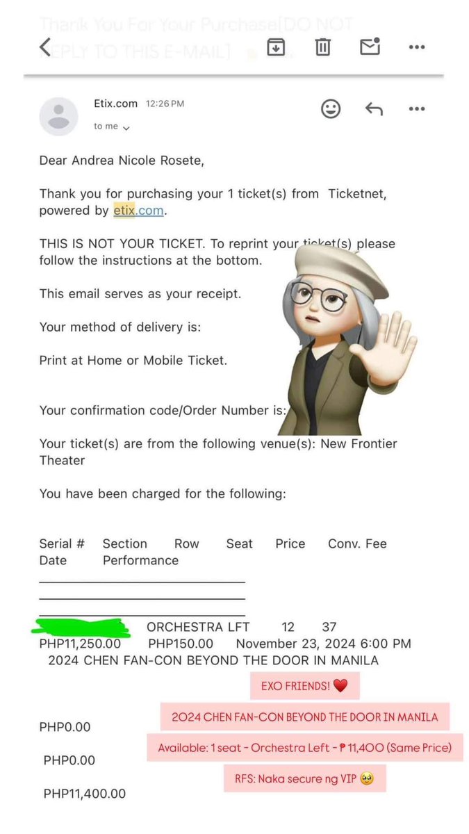 jongdaengsoo's tweet photo. WTS/LFB

2024 EXO CHEN FAN-CON BEYOND THE DOOR IN MANILA

Available: 1 tix - ORCHESTRA LEFT, Row 12 Seat 37

Selling for the same price (₱11,400)

Can only do Meet ups: Fishermall qave/SMNE/Trinoma

RFS: Secured desired seat

#BeyondTheDOOR_MNL #CHEN #EXO https://t.co/h2UNKlOuYt