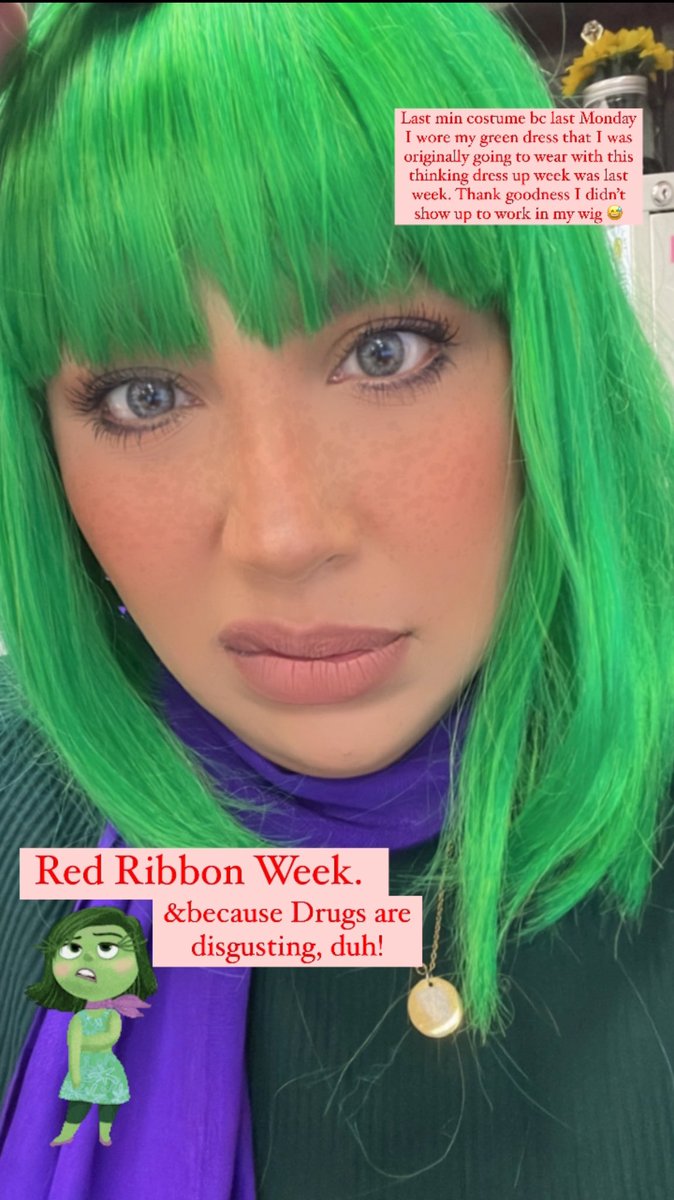 Say hello to Disgust for Red Ribbon Week! 
 Almost wore this last Monday, so glad I didn’t since I would’ve been the only one in a green wig 😅