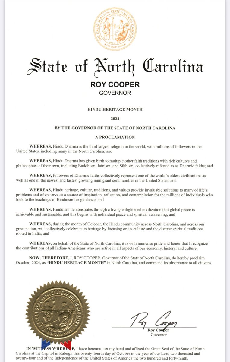 HinduAmerican's tweet image. Thank you @RoyCooperNC for this proclamation recognizing #HinduHeritageMonth!

And congratulations to the North Carolina Hindu community for their advocacy!