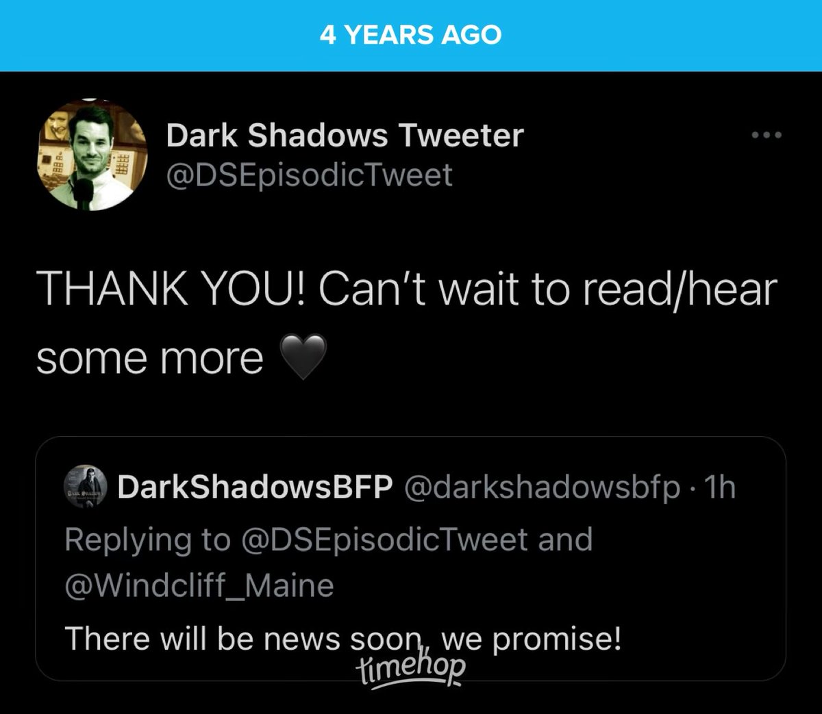 Is four years soon enough to get some news from <a href="/darkshadowsbfp/">DarkShadowsBFP</a> on <a href="/Windcliff_Maine/">Windcliff Sanitarium</a> and other <a href="/bigfinish/">Big Finish Insider</a> #DarkShadows news?