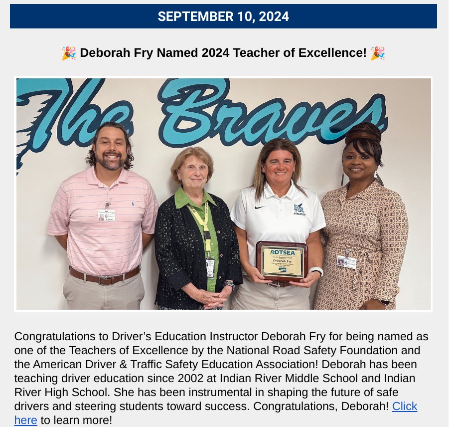 Regent University School of Education (@regentsoe) on Twitter photo ๐ขSOE Student Spotlight ๐ข
<a href="/debbieirvingfry/">Debbie Fry</a> was named 2024 Teacher of Excellence by <a href="/adtsea/">ADTSEA</a>. #RegentSOE is so proud of you! ๐๐
Read more about it: prn.to/4fi3KqH
<a href="/RegentU/">Regent University</a> | <a href="/IRHBraves/">Indian River Braves</a> ๐ขSOE Student Spotlight ๐ข
<a href="/debbieirvingfry/">Debbie Fry</a> was named 2024 Teacher of Excellence by <a href="/adtsea/">ADTSEA</a>. #RegentSOE is so proud of you! ๐๐
Read more about it: prn.to/4fi3KqH
<a href="/RegentU/">Regent University</a> | <a href="/IRHBraves/">Indian River Braves</a>