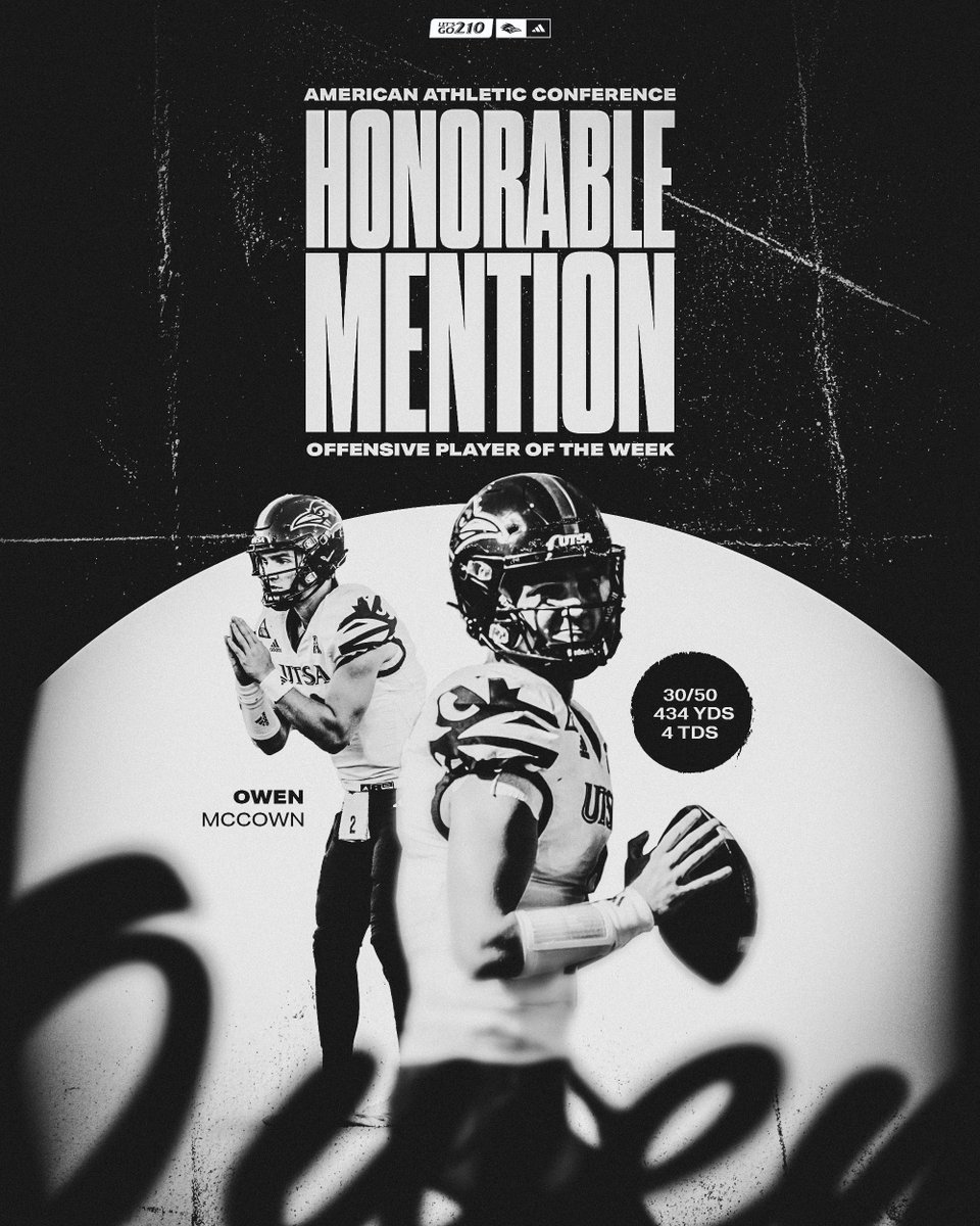𝐀𝐀𝐂 𝐇𝐎𝐍𝐎𝐑𝐀𝐁𝐋𝐄 𝐌𝐄𝐍𝐓𝐈𝐎𝐍

Following his school record-setting performance on Saturday, UTSA QB Owen McCown has been named an American Athletic Conference Honorable Mention Player of the Week.

#210TriangleOfToughness
#LetsGo210 | #BirdsUp 🤙