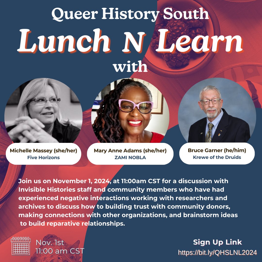 Last week to sign up!! Join us on November 1, 2024, at 11:00am CST for a discussion with Invisible Histories staff and community members who have had experienced negative interactions working with researchers and archives to discuss how to building trust with community!