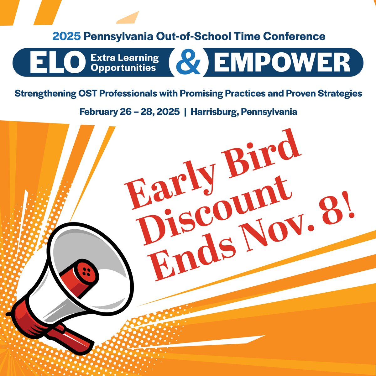 Register by 11/8 to save $100 on 2025 ELO &amp; EMPOWER Conference, Feb. 26-28, Harrisburg. At #ELOempowerOST deepen your knowledge, network, and stay up to date with best practices and innovative solutions in the field. #afterschool #OST hubs.ly/Q02V_7Zh0