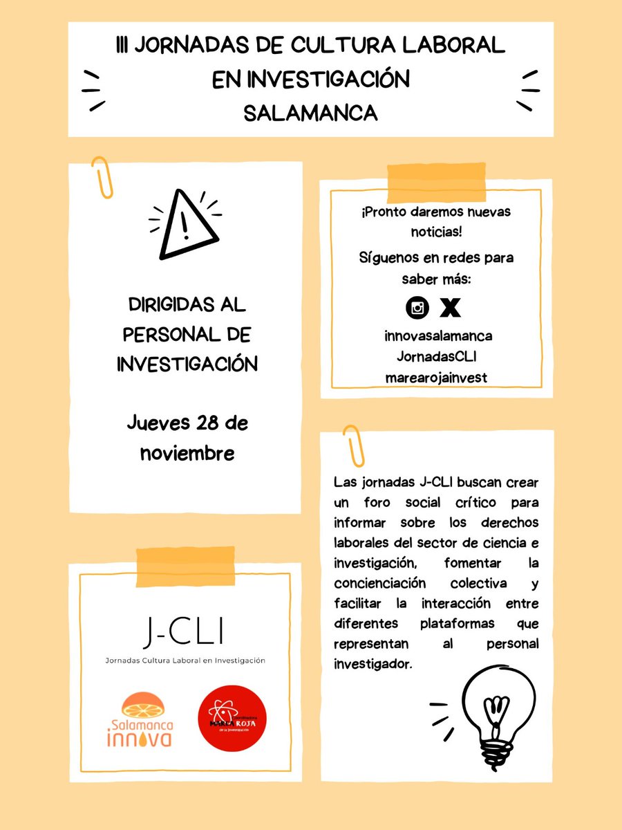 INNOVASalamanca's tweet photo. 📣Estamos organizando las III Jornadas de Cultura Laboral en Investigación
@JornadasCLI
Os iremos informando de todas las novedades por aquí. De momento, ¡apunta la fecha! 
📅Jueves 28 de noviembre 
📍Salamanca https://t.co/mleKluPBfY