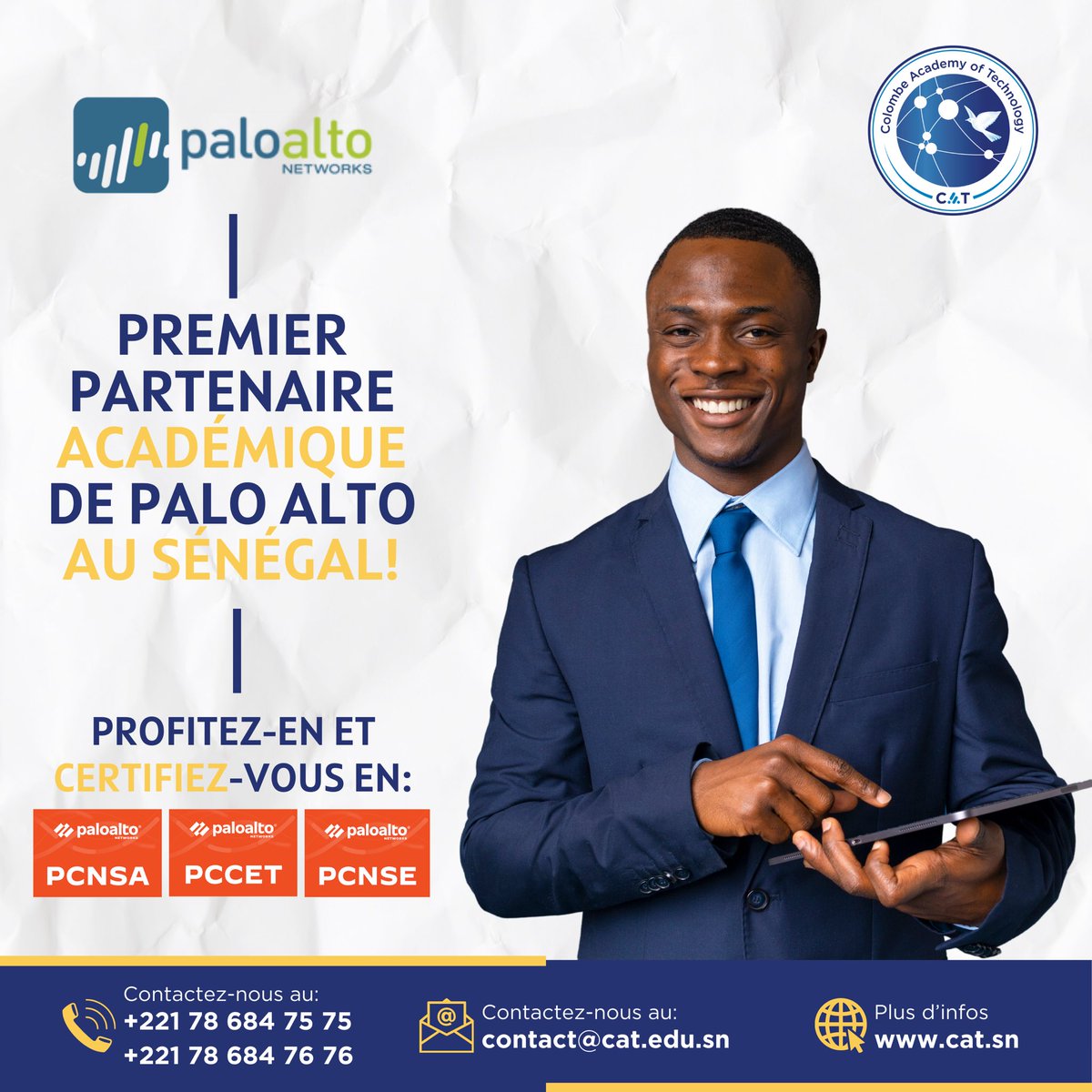Colombe_academy's tweet photo. La Colombe Academy of Technology est fière de devenir le premier partenaire académique de Palo Alto Networks au Sénégal ! 🌍💻

💼 Vous rêvez d’une carrière en cybersécurité ? Profitez de cette opportunité exclusive et certifiez-vous avec les prestigieuses certifications Palo Alto :

🔹 PCNSA - Palo Alto Certified Network Security Administrator
🔹 PCCET - Palo Alto Certified Cybersecurity Entry-level Technician
🔹 PCNSE - Palo Alto Certified Network Security Engineer

📞 Contactez-nous dès maintenant pour plus d’infos :
📱 +221 78 684 75 75 | +221 78 684 76 76
📧 contact@cat.edu.sn
🌐 https://t.co/kUwGkDLoYa

#CyberSécurité #PaloAlto #LaColombeAcademy #Certifications #Sénégal