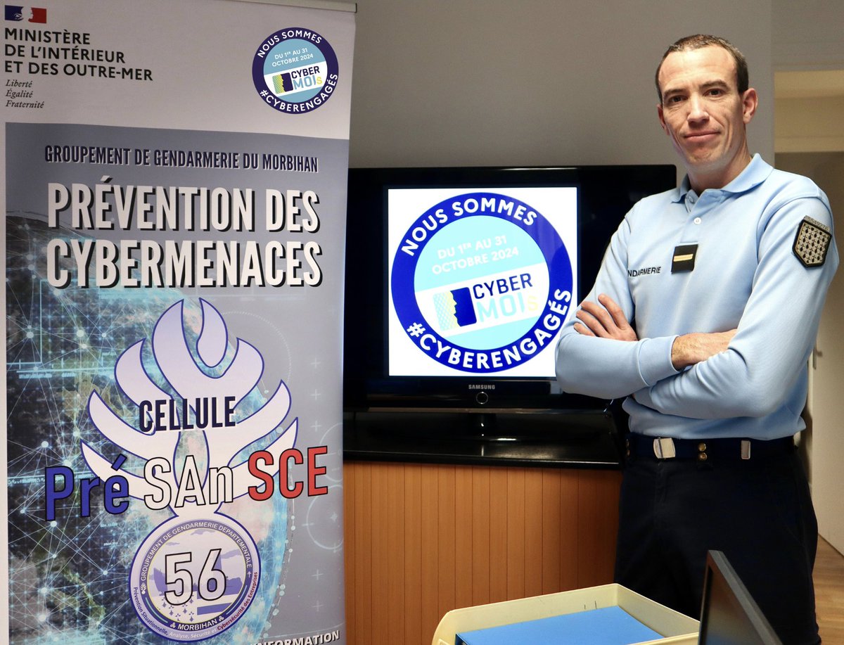 [#Cybermois 🌐]
 
🚨 Dans le cadre du #Cybermois, la cellule PréSAnSCE-56 s'est mobilisée pour proposer un programme de sensibilisation à destination de tous les publics et ainsi développer une culture cyber à l'échelle du département. 🔐💡
#Cybermois #Cybersécurité #CyberEngagés