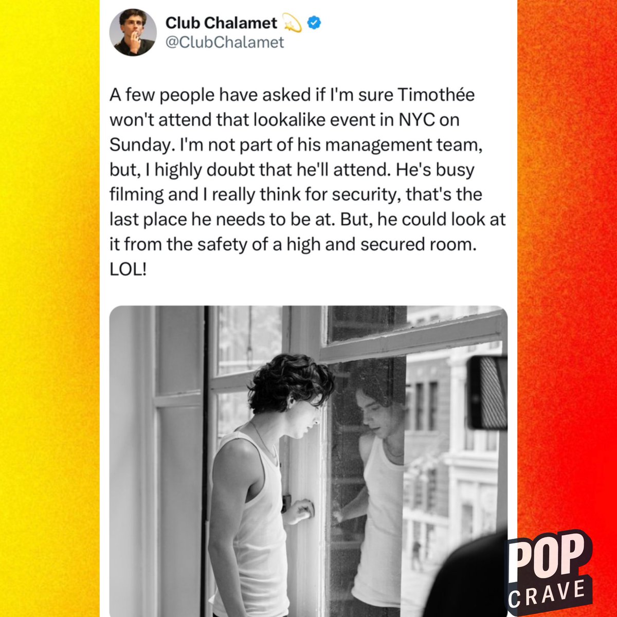 Timothée Chalamet fan page releases statement on actor attending his own lookalike contest after predicting earlier he wouldn’t show up.